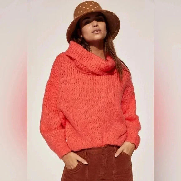 Anthropology Pilcro Zamora Cowl Neck Sweater Sz Large bright coral - Picture 13 of 14
